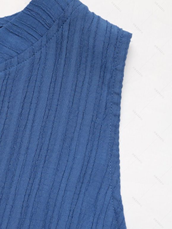 Bohemian Ethnic Couple Outfit Solid Color V Notched Stand-up Collar Ruched Dress and Striped Print Shirt Set - Bleu S | US 4