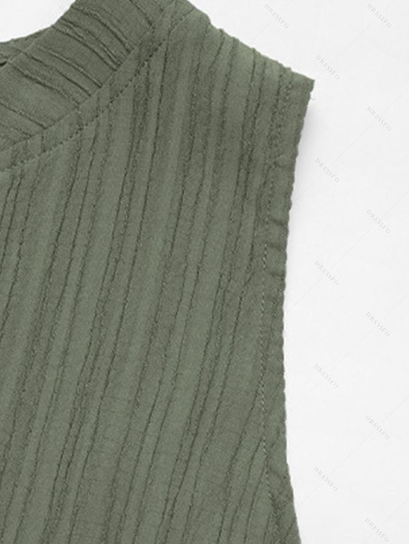 Solid Color Dress V Notched Stand-up Collar Ruched Mock Button Tiered Dress - Vert clair L | US 8-10