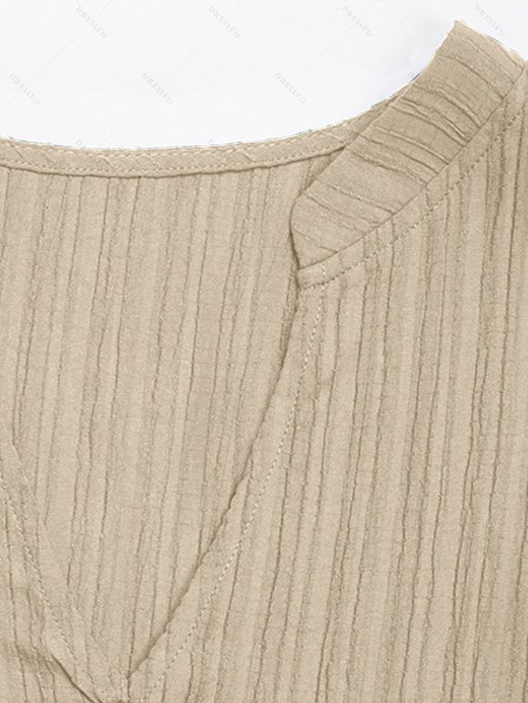 Solid Color Dress V Notched Stand-up Collar Ruched Mock Button Tiered Dress - Abricot XL | US 12