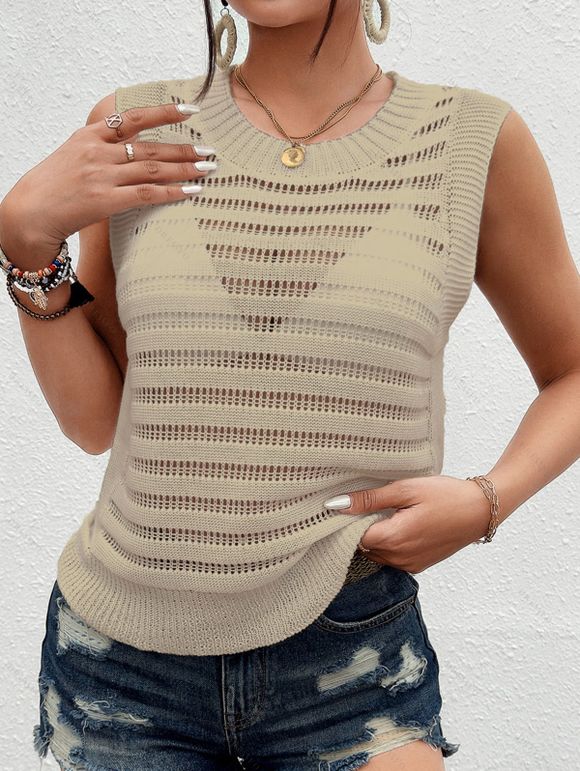 Solid Color Knitted Tank Top Hollow Out Round Color Summer Tank Top - café lumière XL | US 10