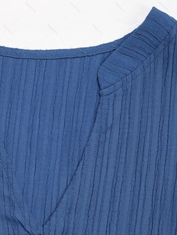 Solid Color Dress V Notched Stand-up Collar Ruched Mock Button Tiered Dress - Bleu Ciel XL | US 12