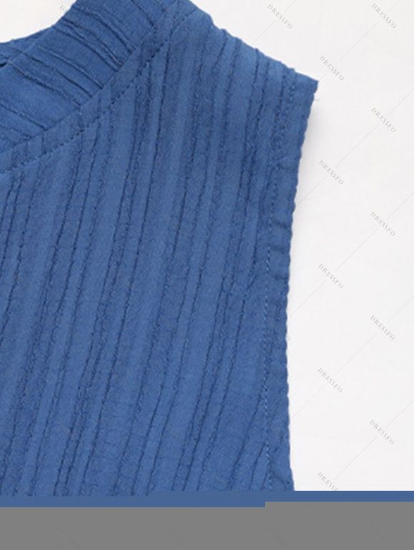 Solid Color Dress V Notched Stand-up Collar Ruched Mock Button Tiered Dress - Bleu Ciel XL | US 12