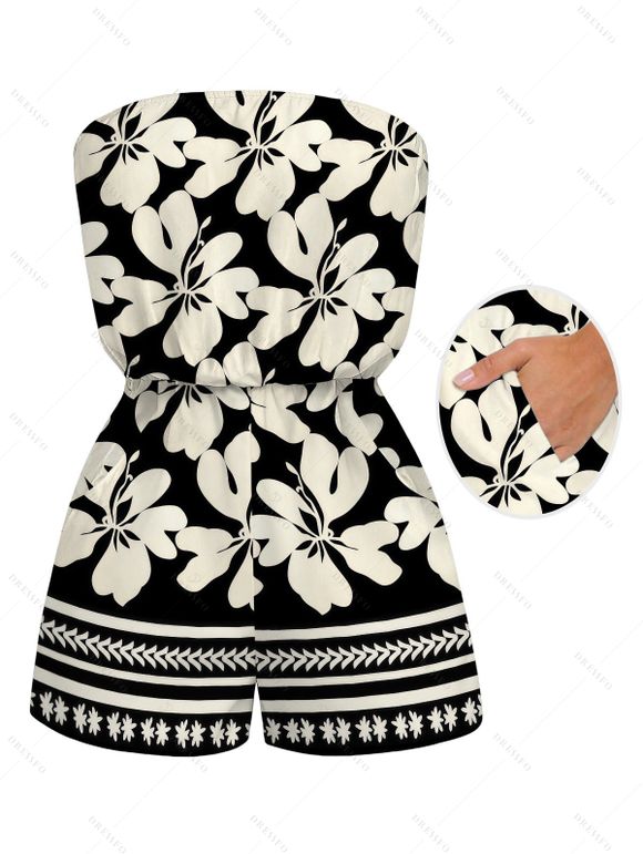 Hawaiian Romper Tribal Plumeria Floral Print Pocket Off the Shoulder Vacation Romper - Noir XXL | US 14