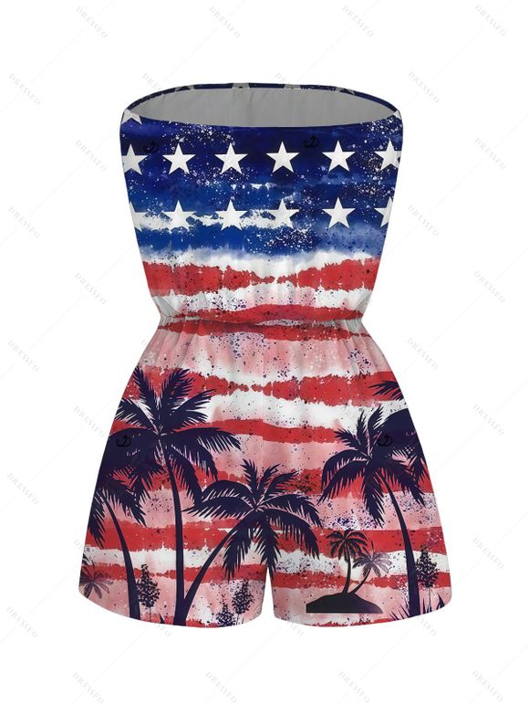 Patriotic Romper Retro Watercolor American Flag Palm Tree Print Pocket Off the Shoulder Independence Day Romper - multicolor A XXL | US 14
