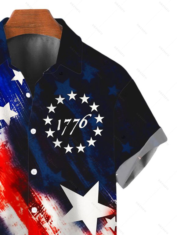 Men's Vintage Independence Day Shirt American Flag Elements Print Button Up Patriotic Shirt - Noir 5XL