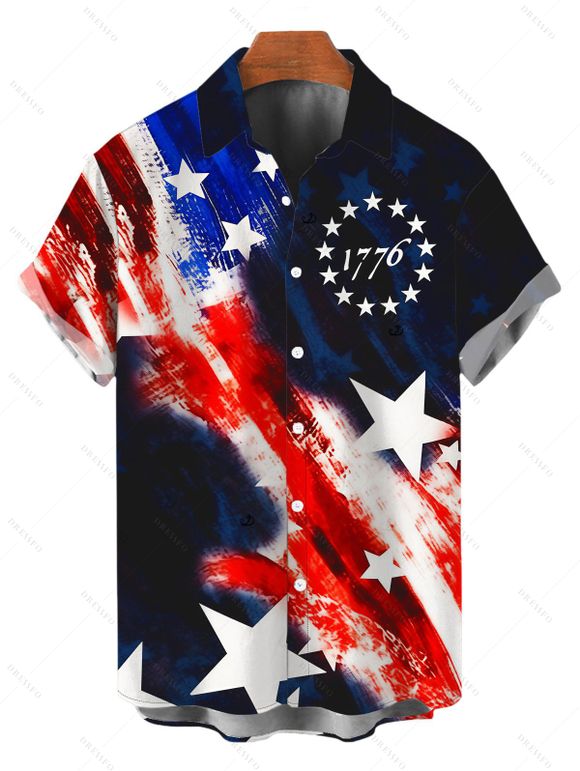 Vintage Independence Day Couple Outfit American Flag Elements Print Pocket Off the Shoulder Romper and Shirt Patriotic Set - Noir S | US 4