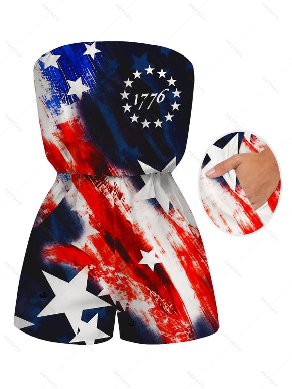 Vintage Independence Day Couple Outfit American Flag Elements Print Pocket Off the Shoulder Romper and Shirt Patriotic Set - Noir S | US 4