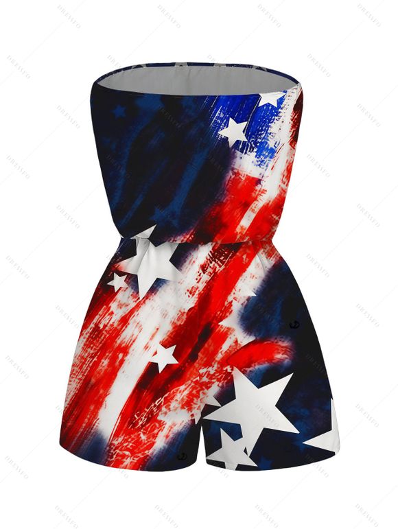 Vintage Independence Day Couple Outfit American Flag Elements Print Pocket Off the Shoulder Romper and Shirt Patriotic Set - Noir S | US 4