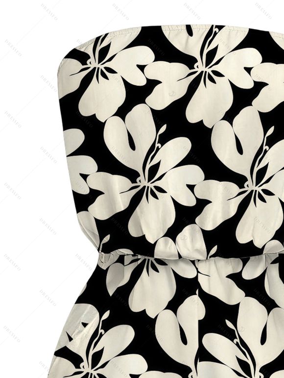 Hawaiian Couple Outfit Tribal Plumeria Floral Print Pocket Off the Shoulder Romper and Shirt Vacation Set - Noir S | US 4