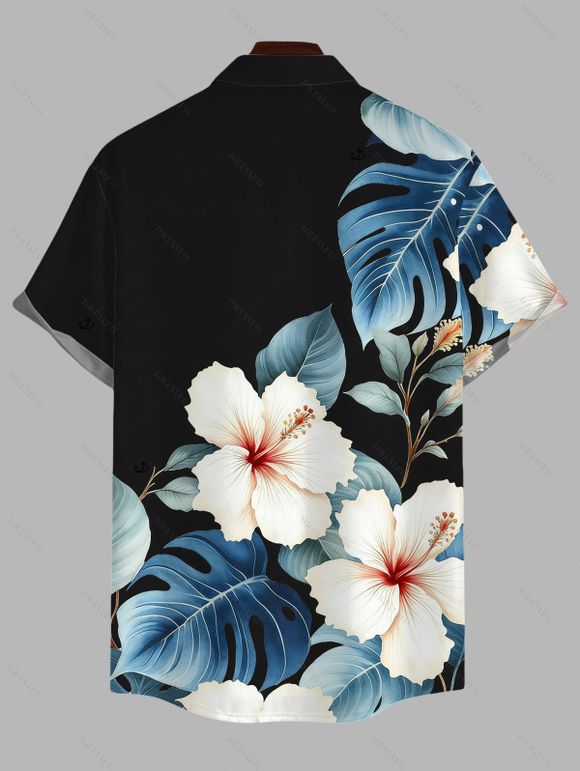 Vacation Couple Outfit Watercolor Hibiscus Floral Leaf Print Pocket Off the Shoulder Romper and Shirt Set - Blanc S | US 4