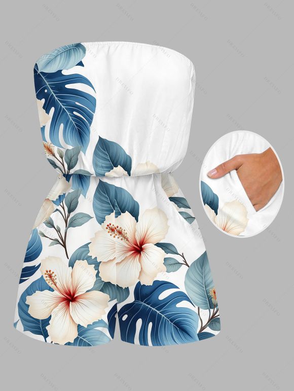 Vacation Couple Outfit Watercolor Hibiscus Floral Leaf Print Pocket Off the Shoulder Romper and Shirt Set - Blanc S | US 4