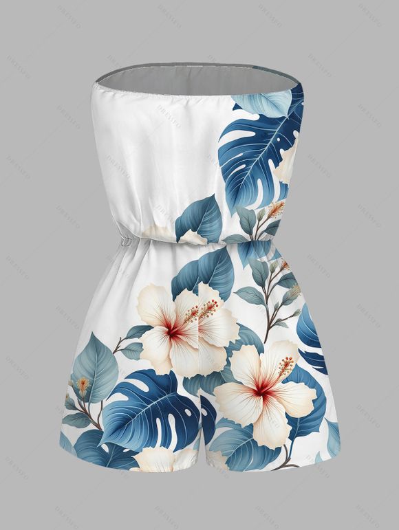 Vacation Couple Outfit Watercolor Hibiscus Floral Leaf Print Pocket Off the Shoulder Romper and Shirt Set - Blanc S | US 4