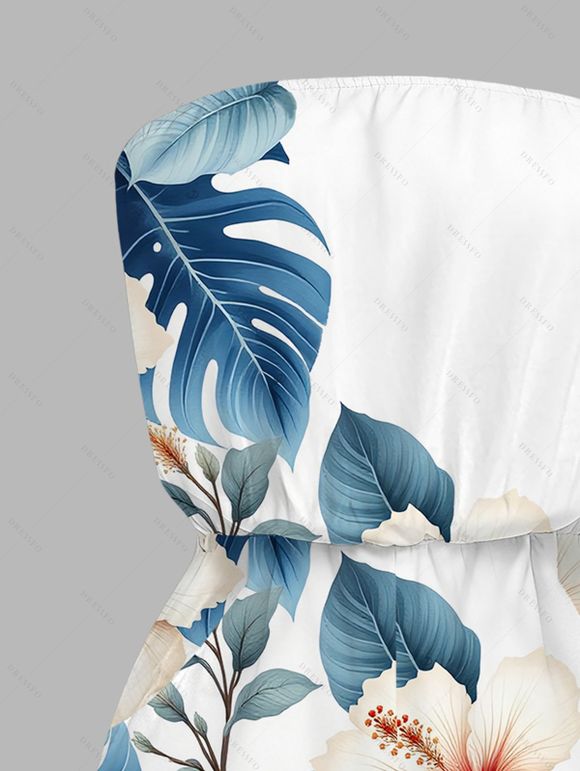 Vacation Couple Outfit Watercolor Hibiscus Floral Leaf Print Pocket Off the Shoulder Romper and Shirt Set - Blanc S | US 4