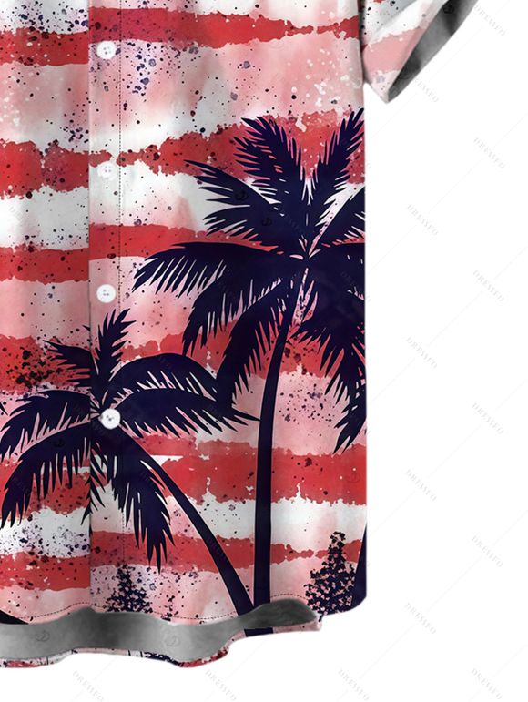 Patriotic Couple Outfit Retro Watercolor American Flag Palm Tree Print Pocket Off the Shoulder Romper and Shirt Independence Day Set - multicolor A S | US 4