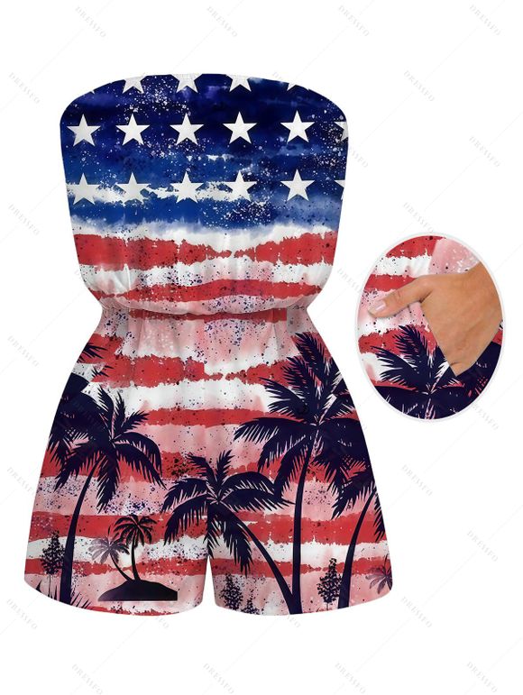 Patriotic Couple Outfit Retro Watercolor American Flag Palm Tree Print Pocket Off the Shoulder Romper and Shirt Independence Day Set - multicolor A S | US 4