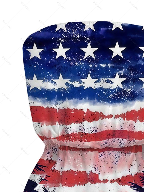 Patriotic Couple Outfit Retro Watercolor American Flag Palm Tree Print Pocket Off the Shoulder Romper and Shirt Independence Day Set - multicolor A S | US 4