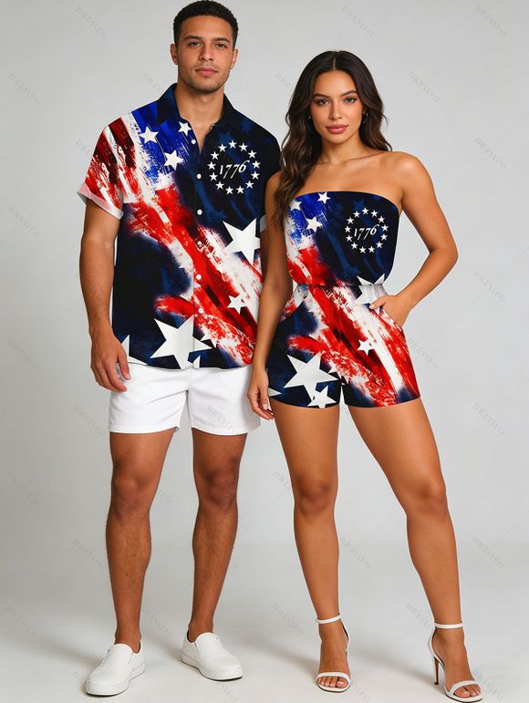 Vintage Independence Day Couple Outfit American Flag Elements Print Pocket Off the Shoulder Romper and Shirt Patriotic Set - Noir S | US 4