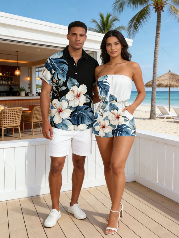 Vacation Couple Outfit Watercolor Hibiscus Floral Leaf Print Pocket Off the Shoulder Romper and Shirt Set - Blanc S | US 4