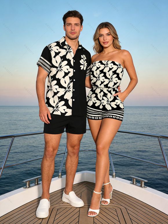 Hawaiian Couple Outfit Tribal Plumeria Floral Print Pocket Off the Shoulder Romper and Shirt Vacation Set - Noir S | US 4