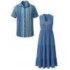 Bohemian Ethnic Couple Outfit Solid Color V Notched Stand-up Collar Ruched Dress and Striped Print Shirt Set - Bleu S | US 4