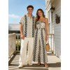 Bohemian Ethnic Style Couple Outfit Damask Stripe Print Tied Off the Shoulder Wide Leg Jumpsuit and Shirt Set - Noir S | US 4