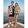 Hawaiian Couple Outfit Tribal Plumeria Floral Print Pocket Off the Shoulder Romper and Shirt Vacation Set - Noir S | US 4