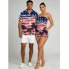Patriotic Couple Outfit Retro Watercolor American Flag Palm Tree Print Pocket Off the Shoulder Romper and Shirt Independence Day Set - multicolor A S | US 4
