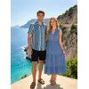 Bohemian Ethnic Couple Outfit Solid Color V Notched Stand-up Collar Ruched Dress and Striped Print Shirt Set - Bleu S | US 4