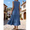 Bohemian Ethnic Couple Outfit Solid Color V Notched Stand-up Collar Ruched Dress and Striped Print Shirt Set - Bleu S | US 4