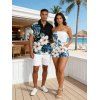 Vacation Couple Outfit Watercolor Hibiscus Floral Leaf Print Pocket Off the Shoulder Romper and Shirt Set - Blanc S | US 4