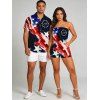 Vintage Independence Day Couple Outfit American Flag Elements Print Pocket Off the Shoulder Romper and Shirt Patriotic Set - BLACK S | US 4