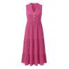 Solid Color Dress V Notched Stand-up Collar Ruched Mock Button Tiered Dress - Rose Vif XL | US 12