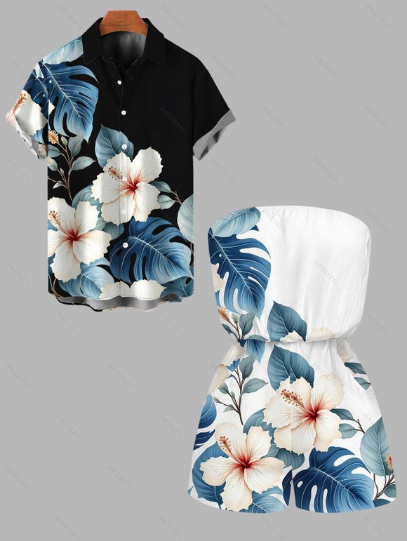 Vacation Couple Outfit Watercolor Hibiscus Floral Leaf Print Pocket Off the Shoulder Romper and Shirt Set - Blanc S | US 4