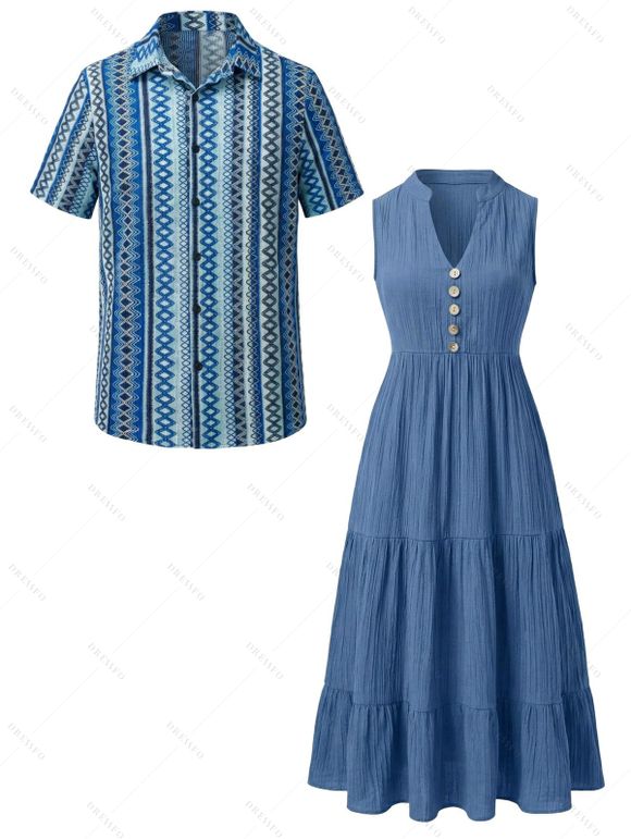 Bohemian Ethnic Couple Outfit Solid Color V Notched Stand-up Collar Ruched Dress and Striped Print Shirt Set - Bleu S | US 4