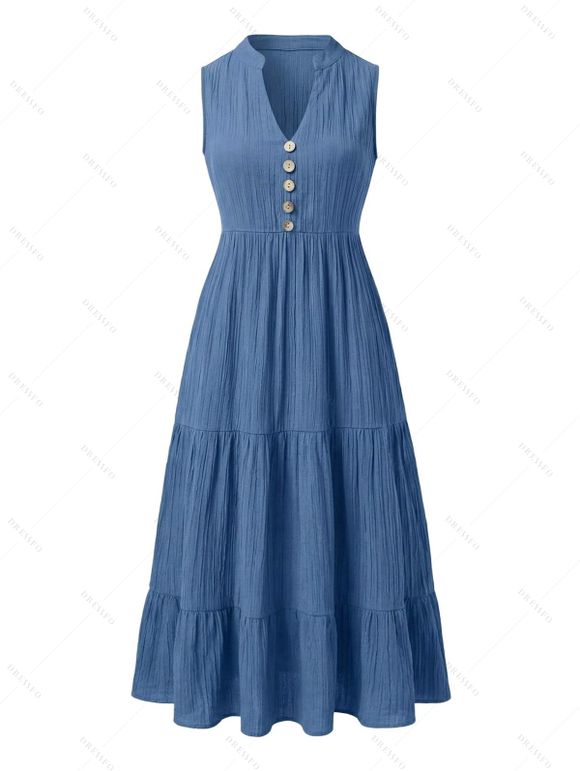 Bohemian Ethnic Couple Outfit Solid Color V Notched Stand-up Collar Ruched Dress and Striped Print Shirt Set - Bleu S | US 4
