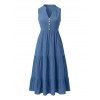 Bohemian Ethnic Couple Outfit Solid Color V Notched Stand-up Collar Ruched Dress and Striped Print Shirt Set - Bleu S | US 4