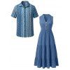 Bohemian Ethnic Couple Outfit Solid Color V Notched Stand-up Collar Ruched Dress and Striped Print Shirt Set - Bleu S | US 4