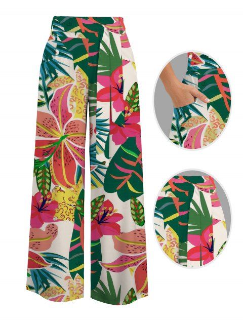 Pantalon de vacances à jambes larges, imprimé floral tropical vibrant, poches et ceinture