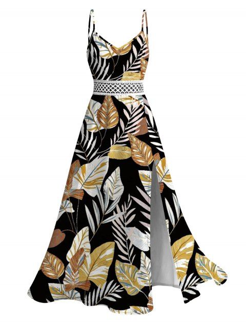 Robe de plage hawaïenne rétro à imprimé botanique tropical et feuilles, en dentelle ajourée et fendue