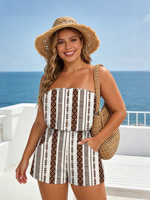 Combinaison décontractée à imprimé ethnique géométrique, poche et épaules dénudées