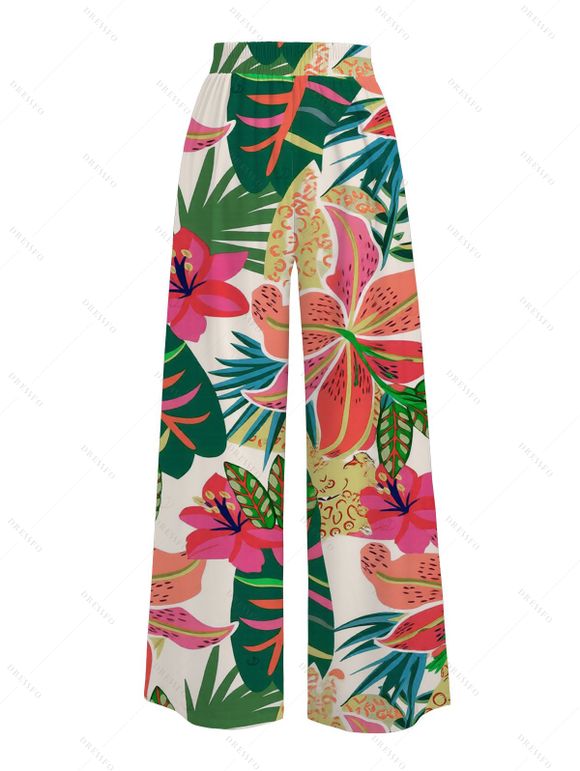 Vacation Wide Leg Pants Vibrant Tropical Floral Leaf Print Pocket Belt Pants - multicolor XXXXXL | US 20