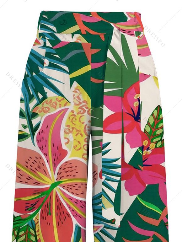 Vacation Wide Leg Pants Vibrant Tropical Floral Leaf Print Pocket Belt Pants - multicolor XXXXXL | US 20