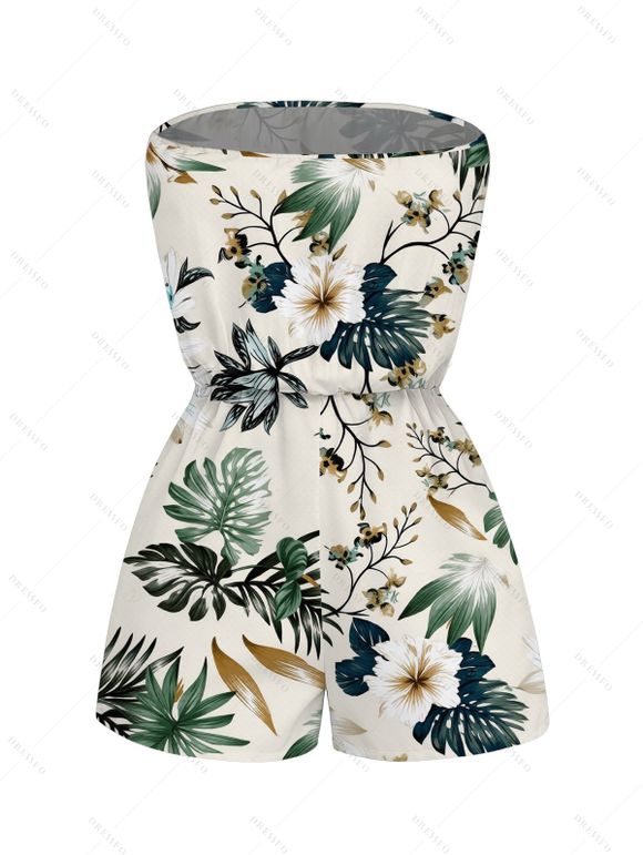Vacation Romper Tropical Hibiscus Floral Monstera Leaf Print Pocket Off the Shoulder Romper - Beige XXL | US 14