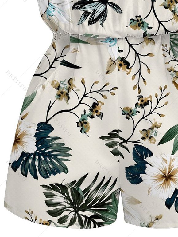 Vacation Romper Tropical Hibiscus Floral Monstera Leaf Print Pocket Off the Shoulder Romper - Beige XXL | US 14