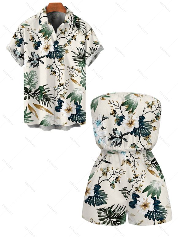 Vacation Couple Outfit Tropical Hibiscus Floral Monstera Leaf Print Pocket Off the Shoulder Romper and Shirt Set - Beige S | US 4