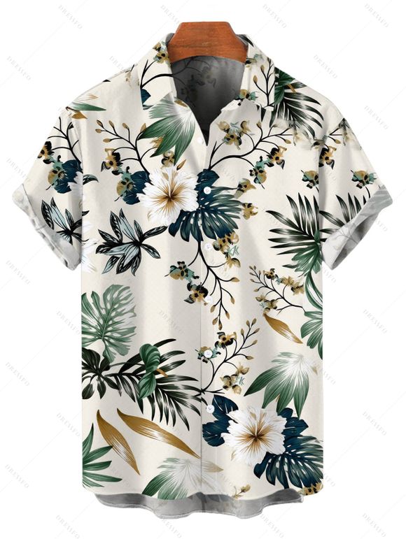 Vacation Couple Outfit Tropical Hibiscus Floral Monstera Leaf Print Pocket Off the Shoulder Romper and Shirt Set - Beige S | US 4