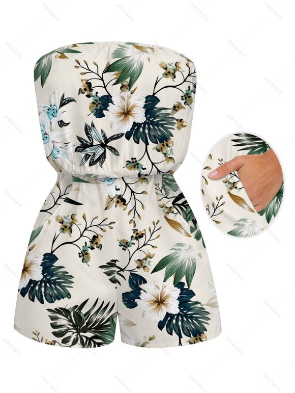 Vacation Couple Outfit Tropical Hibiscus Floral Monstera Leaf Print Pocket Off the Shoulder Romper and Shirt Set - Beige S | US 4