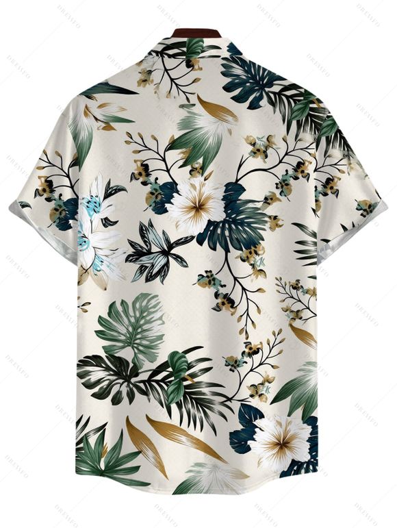 Men's Vacation Shirt Tropical Hibiscus Floral Monstera Leaf Print Button Up Shirt - Beige 5XL