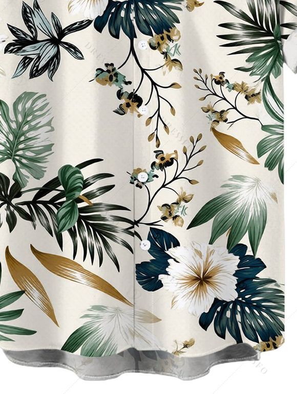 Men's Vacation Shirt Tropical Hibiscus Floral Monstera Leaf Print Button Up Shirt - Beige 5XL