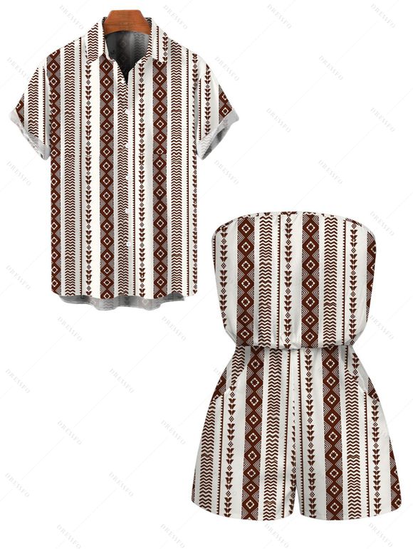 Casual Couple Outfit Geometric Ethnic Print Pocket Off the Shoulder Romper and Shirt Set - Brun S | US 4